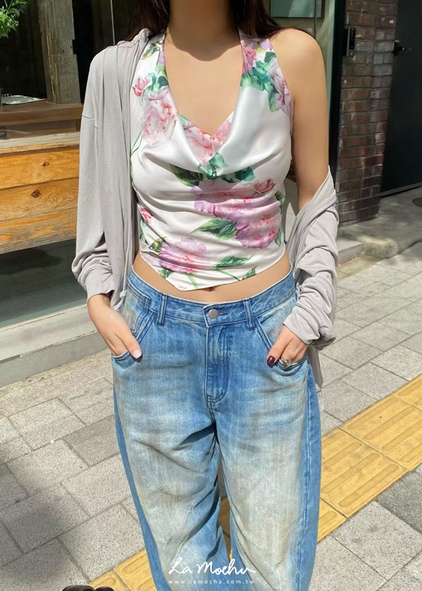 掛脖垂領花朵天絲背心